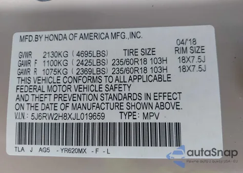 2018 Honda Cr-V Ex-L/Ex-L Navi из США, поврежденный, VIN 5J6RW2H8XJL019659